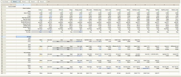 A heat and material balance on the worksheet: eleven streams across with status, vapour fraction, temperature, pressure, flows, energy flow, enthalpy, entropy and phase, then the mixer, pumps and exchanger with their specifications and results