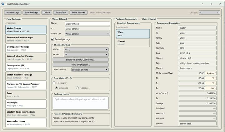 The Fluid Package Manager with a water-ethanol package on the NRTL method with a Peng-Robinson vapour model, the package's components and the properties of water