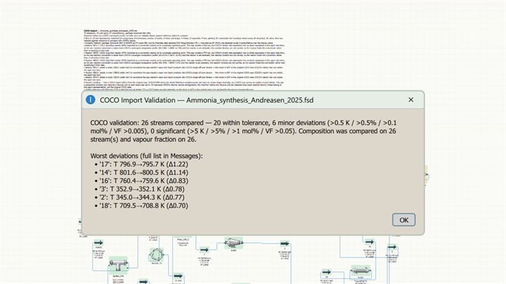 COCO import validation for the ammonia synthesis case: 26 streams compared, 20 within tolerance, 6 minor deviations and none significant, with the largest a 1.22 K temperature difference