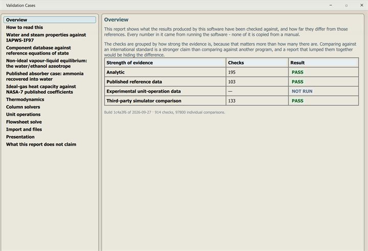 The Validation Cases window in the app: an overview table of evidence classes with their check counts and results, and a list of sections down the left