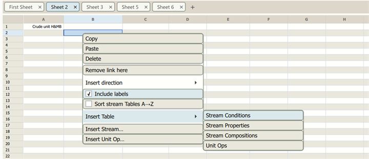 Right-clicking a worksheet cell under a typed heading, with the menu open on Insert Table and its choices Stream Conditions, Stream Properties, Stream Compositions and Unit Ops