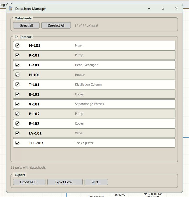 The Datasheet Manager listing eleven units of a crude unit, all selected, with Export PDF, Export Excel and Print buttons