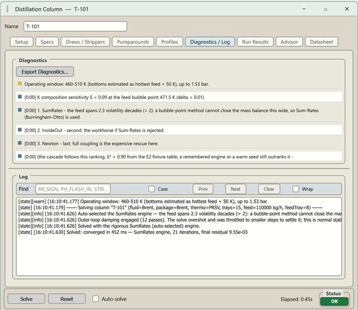 Column diagnostics explaining why the solver chose the Sum-Rates engine for a crude column, and the log of the converged solve