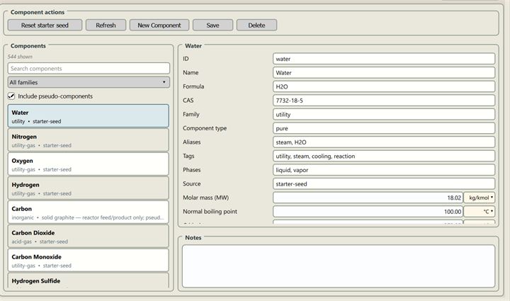 The Component Manager listing water, nitrogen, oxygen, hydrogen, carbon, carbon dioxide, carbon monoxide and hydrogen sulfide, with water's identity and properties shown