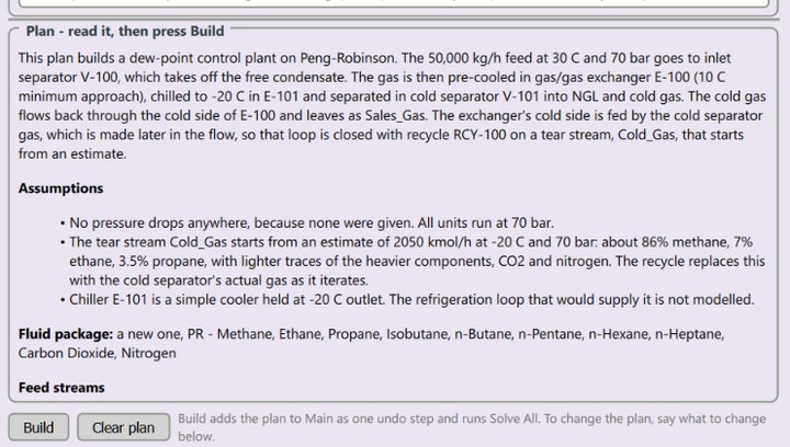 The Build with AI panel's plan: a summary of the dew-point control plant, the assumptions Claude made (no pressure drops, a tear-stream estimate for the recycle, the chiller as a simple cooler) and the new Peng-Robinson fluid package with ten components