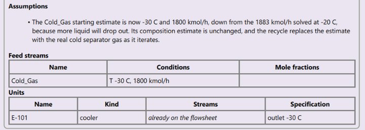 The change plan: the Cold_Gas tear stream's estimate moves to minus 30 C and 1800 kmol/h, and cooler E-101, already on the flowsheet, gets an outlet of minus 30 C