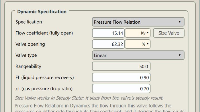 A valve's Dynamics tab: the Pressure Flow Relation, its Kv with Size Valve, opening, valve type and its FL and xT factors