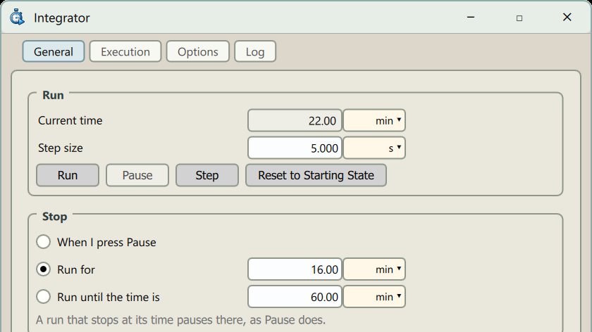 The Integrator window: the run's time and step size, Run, Pause and Step, and when the run stops