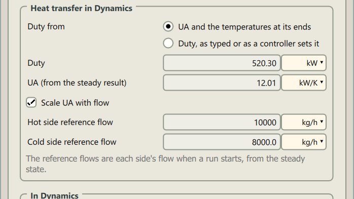 A heat exchanger's Dynamics tab: its duty from UA and the temperatures at its ends, UA scaled with each side's flow, and the reference flows