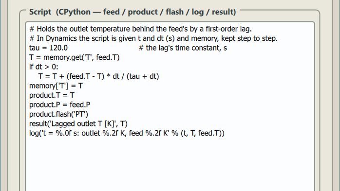 A Python Script unit holding its outlet temperature behind its feed's by a first-order lag, using the run's time step and memory