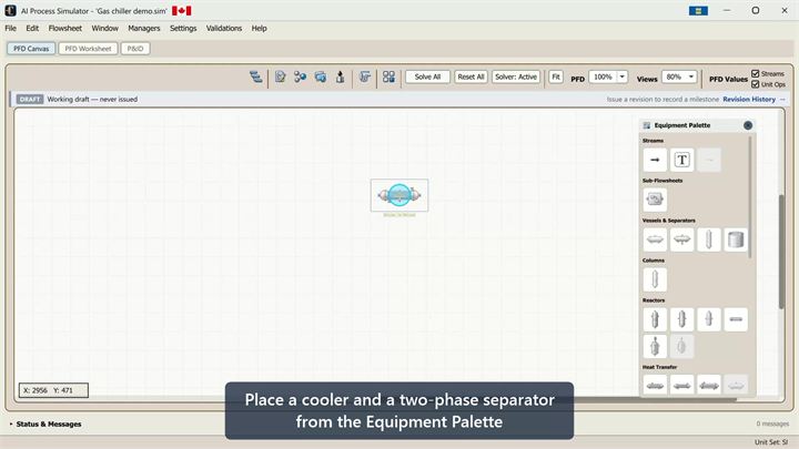 Placing a cooler and a two-phase separator on an empty PFD canvas from the Equipment Palette