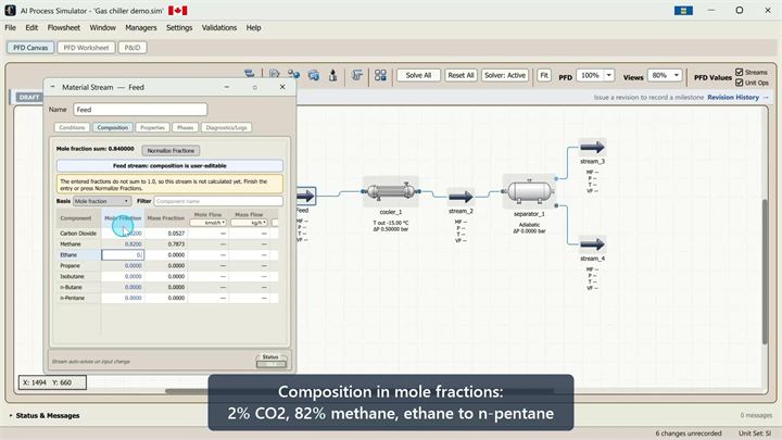 The feed stream's Composition tab with mole fractions for carbon dioxide, methane, ethane through n-pentane