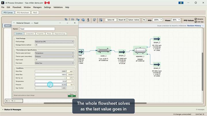 The whole flowsheet turning green as it solves when the last feed value is entered