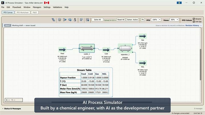 A gas chiller flowsheet with a live stream table on the drawing